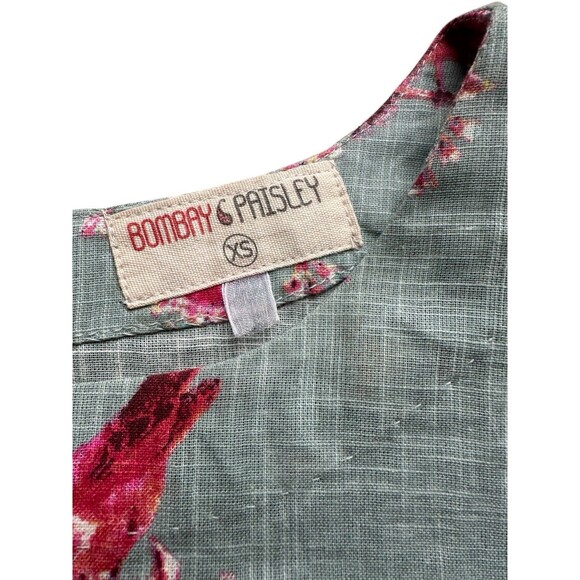 Bombay Paisley XS Linen Crop Top Bird Print Puff Sleeve Blouse Fairy Garden - Picture 7 of 16